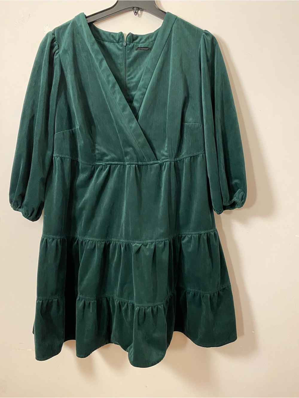 Green corduroy Plus Size Tiered V-Neck Mini Dress